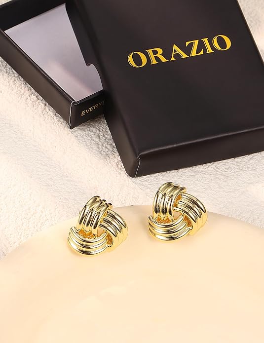 ORAZIO Chunky Gold Plated Knot Earrings for Womens Trendy 925 Silver Statement Lightweight Dangle Drop Hypoallergenic Large Geometric Stud Earring Jewelry for Women