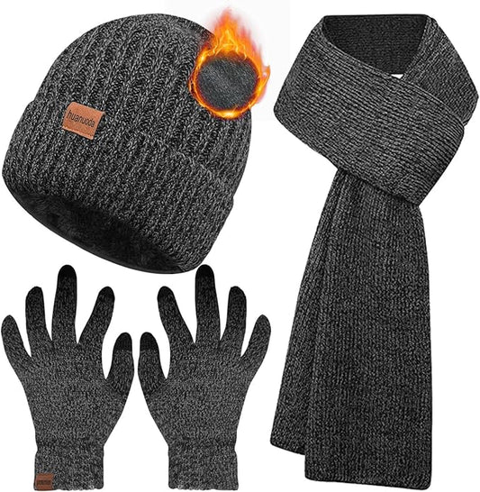3PCS Winter Beanie Hat Scarf Touchscreen Gloves Set for Men and Women, Knitted Fleece Lined Hats Thermal Gloves Long Scarf