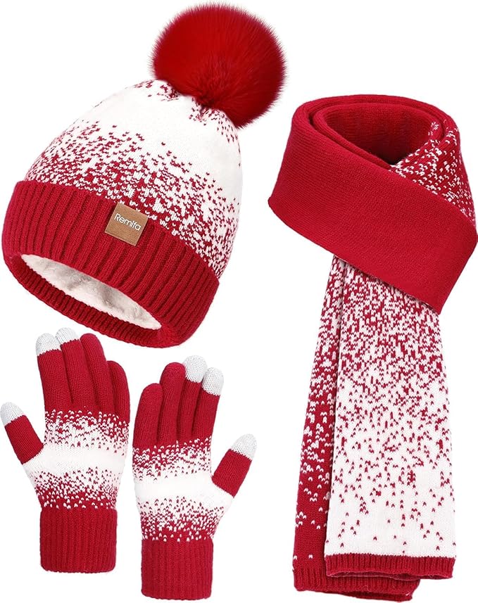 Remifa Womens Winter Beanie Hat Scarf Gloves Set, Pom Pom Warm Hat Long Knit Scarf Touchscreen Gloves 3 In 1 Christmas Gift