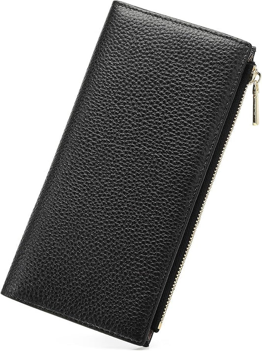 Slim Blue Wallet for Women, RFID Blocking Genuine Leather Bifold with Secure Zippered Coin Pocket (Black)