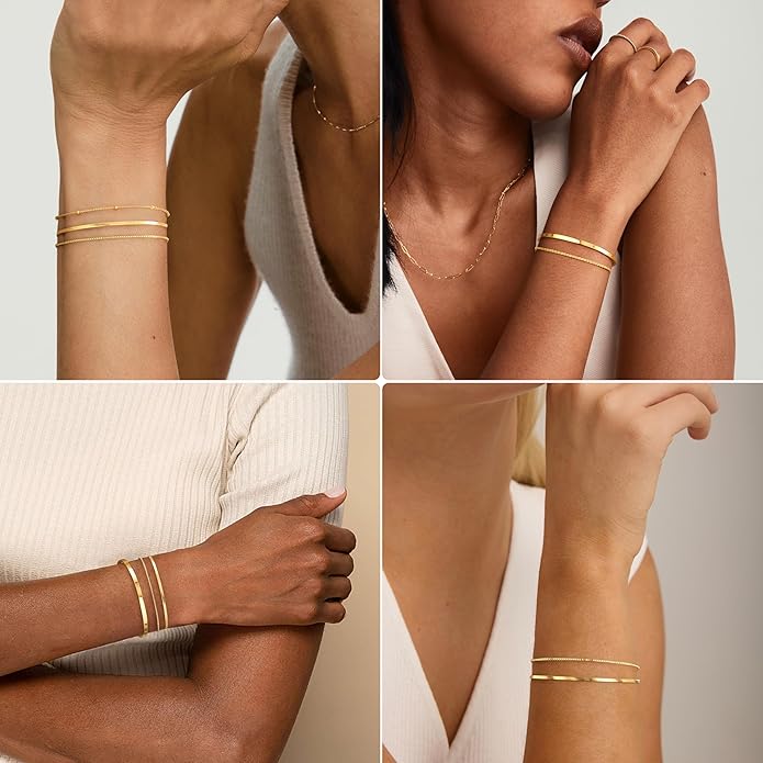 Dainty Thin Gold Bracelet for Women Stack, 14K Gold Plated Bracelet Stackable Set with Bangle Cuff, Box, Herringbone, Paperclip, Figaro, Sparkling Link Chains, Simple Waterproof Non Tarnish Minimalist Gifts for Women Trendy