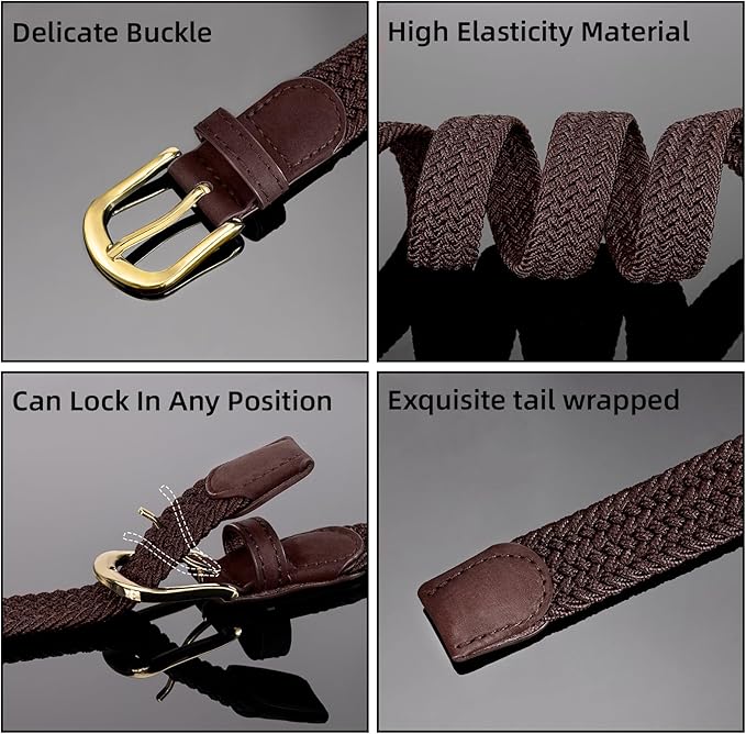2 Pack Braided Belt for Women, Elastic Woven Stretch Fabric Cloth Belt with Gold Buckle