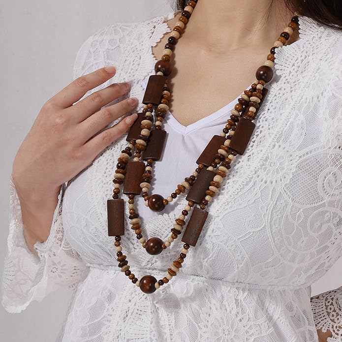 MILAKOO Wood Beads Necklace & Earrings for Women Chunky Multi-Layering Choker Necklace Ear Pendant