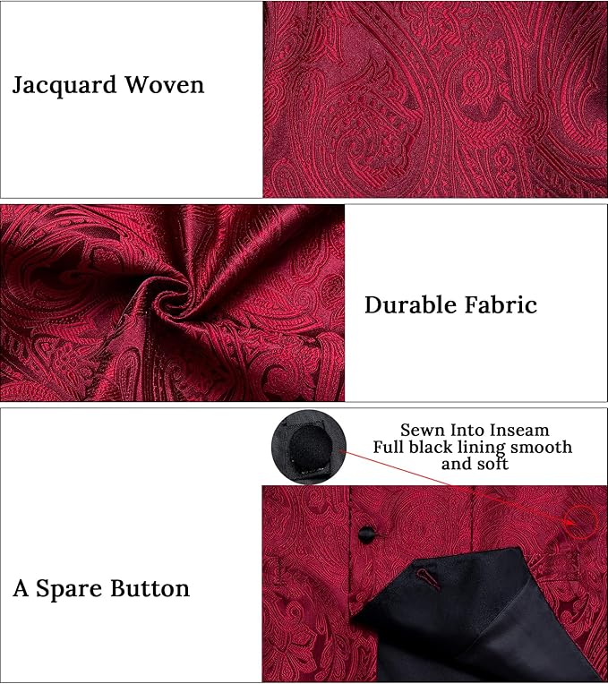 DiBanGu Mens Paisley Suit Vest Silk Jacquard Waistcoat and Necktie Set Formal Shawl Collar Dress Vest 7PCS for Wedding Party