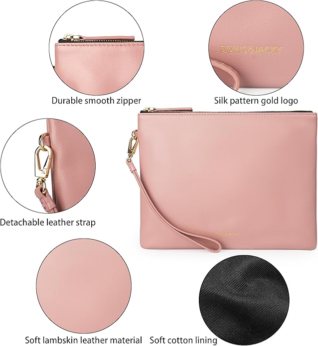 DORIS&JACKY Lambskin Leather Wristlet Clutch Purse for Women Soft Designer Slim Cell Phone Pouch Bag with Detachable Strap