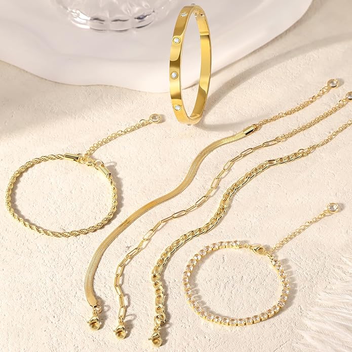 Gold Bracelets for Women Non Tarnish, Dainty 18K Gold Plated Bracelets Stack Trendy Waterproof Stackable Bangles, Cuban Link Paperclip Chain Jewelry Set Fashion Accessories Gifts for Women