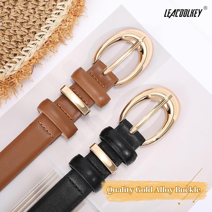 2 Pack Women Leather Belts for Jeans Dress Fashion Ladies Belt with Gold Silver Buckle