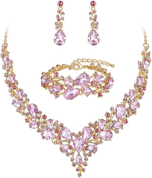 BriLove Wedding Bridal Jewelery for Women Austrian Crystal Teardrop Cluster Statement Necklace Dangle Earrings Link Bracelet Set