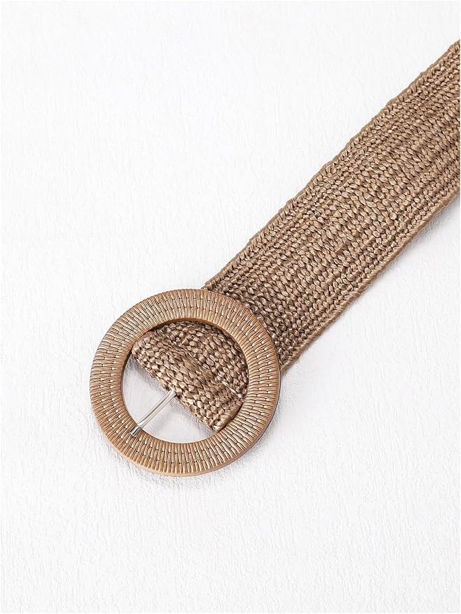Verdusa Women's Western Belt Cowgirl Boho Straw Belts Round Buckle Elastic Waist Belt