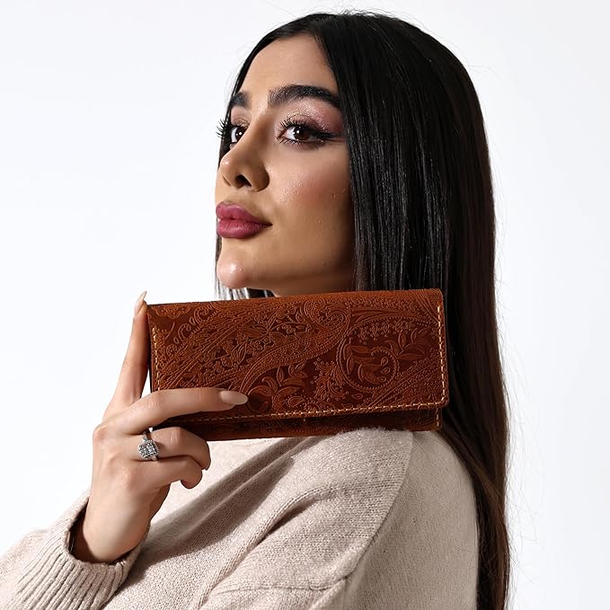Genuine Leather Handmade Wallet for Women Large Capacity Credit Card Holder Ladies Bifold Long Clutch Handbag Slim Minimalist Western Purse with Zipper Pocket