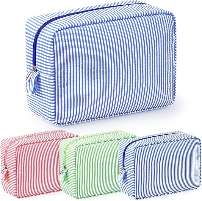 Sanwuta 3 Pcs Seersucker Cosmetic Bag Seersucker Makeup Bag Women Stripe Large Travel Toiletry Organizer Preppy Storage Pouch for Embroidery Christmas Bridesmaid Gifts(Pink, Blue, Green)