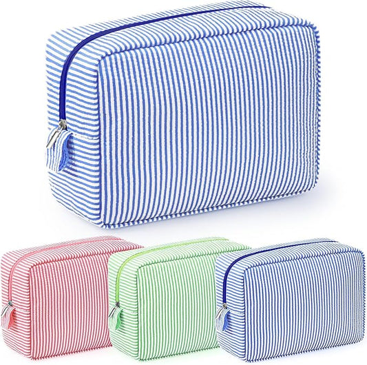Sanwuta 3 Pcs Seersucker Cosmetic Bag Seersucker Makeup Bag Women Stripe Large Travel Toiletry Organizer Preppy Storage Pouch for Embroidery Christmas Bridesmaid Gifts(Pink, Blue, Green)