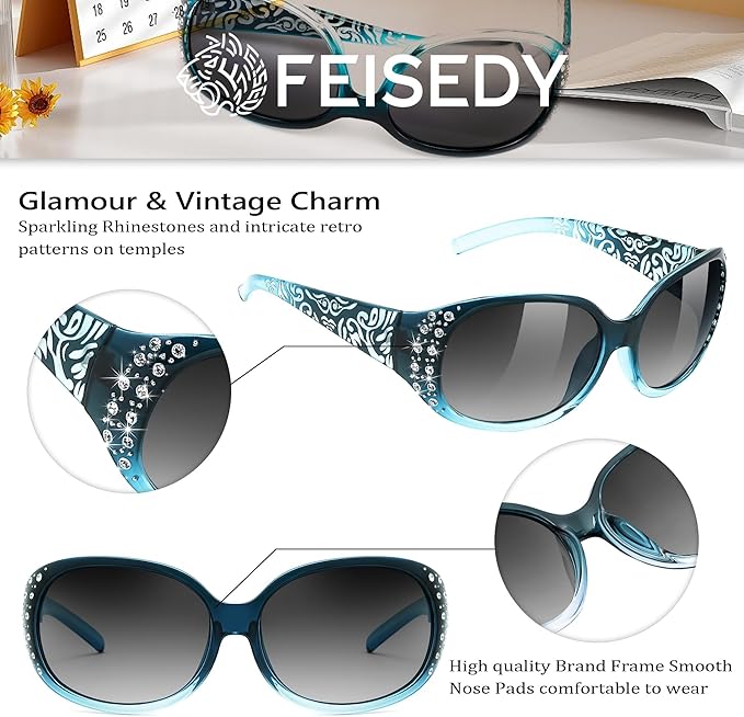 FEISEDY Women's Polarized Sunglasses Wrap Around Rhinestone Design Fashion Sunnies UV400 Protection B1091