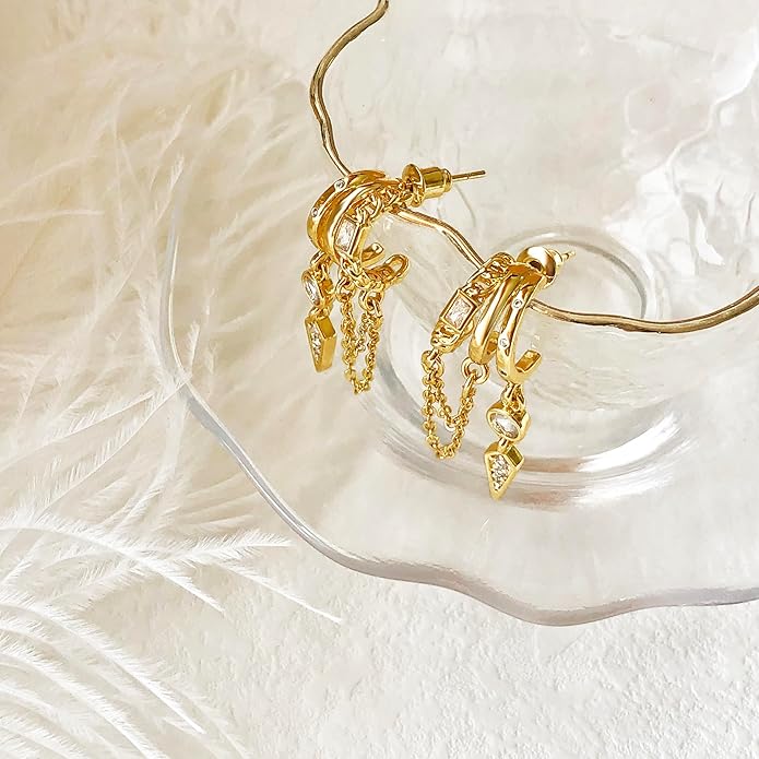 14K Gold Plated Hoop Earrings for Women Triple Huggie Illusion Stud Earring | Double Huggie Hoop Earrings for One Hole | Claw Ear Cuff Earring Jewelry Gift for Women