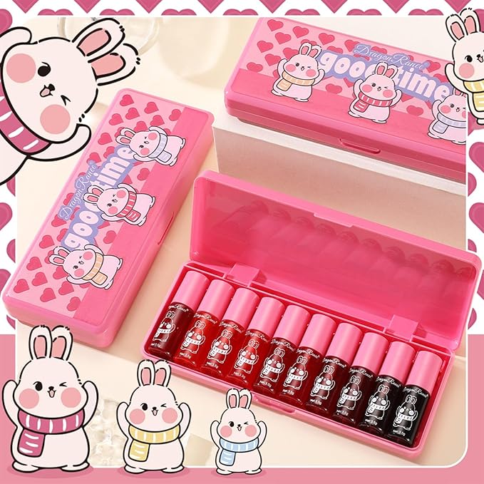 10 Pcs Lip Tint Set Cute Glossy Lip Stains and Matte Lipsticks with Long-lasting and Quick-drying Mini Lip Gloss Lipstick for Makeup Gift (Rabbit, Lip Gloss)