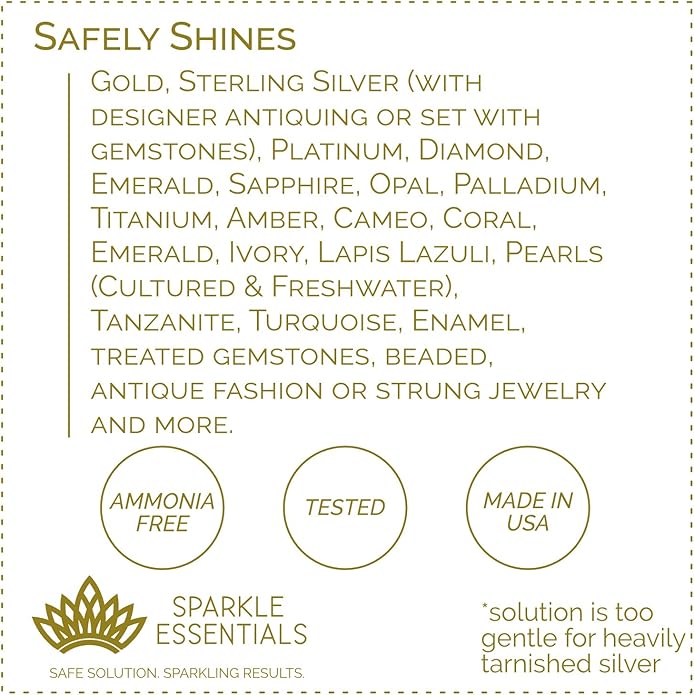 Gentle Jewelry Cleaner Solution Kit: Gold, Sterling Silver, Diamond, Turquoise, Pearl, Earrings, Engagement or Wedding Ring, Fine & Fashion Jewlery, Cleaning Solution, Polishing Cloth, Dipper & Brush