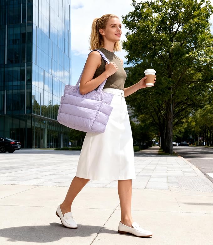 Puffer Tote Bag for Women, Cute Quilted Carryall with Zippered Compartments Shoulder Bag Handbag for Work, Travel, Gym