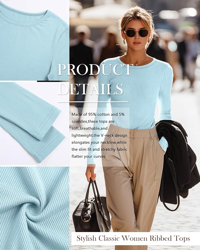 Neer 4 Pack Women's Ribbed Long Sleeve Shirts, Cotton Crew Neck Slim Fit Tops Stretch Knit Casual Base Layer Basic Tee Shirts