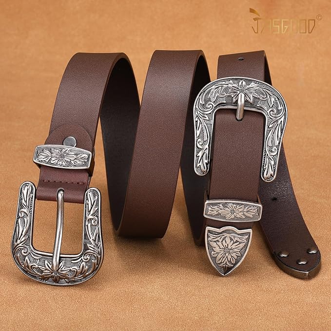 JASGOOD Double Buckle Western Belts For Woman Cowgirl Country Belt Vintage Black Leather Belt For Jeans Pants Dresses