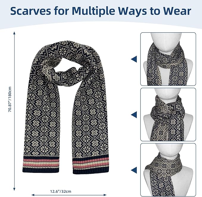 Womens Winter Beanie Hat Long Scarf and Touchscreen Gloves 3Pieces Fleece Lined Skull Caps with Pompom Neck Scarves Set
