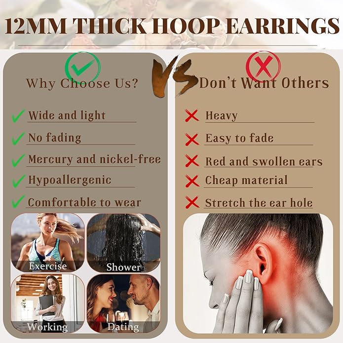 Senteria 12mm Wide Thick Hoop Earrings 925 Sterling Silver Hoop Earrings for Women Hypoallergenic 14K Real Gold Plated Hoops Large Earring Lightweight Chunky Hoops Earring for Women 25/30/40/50MM