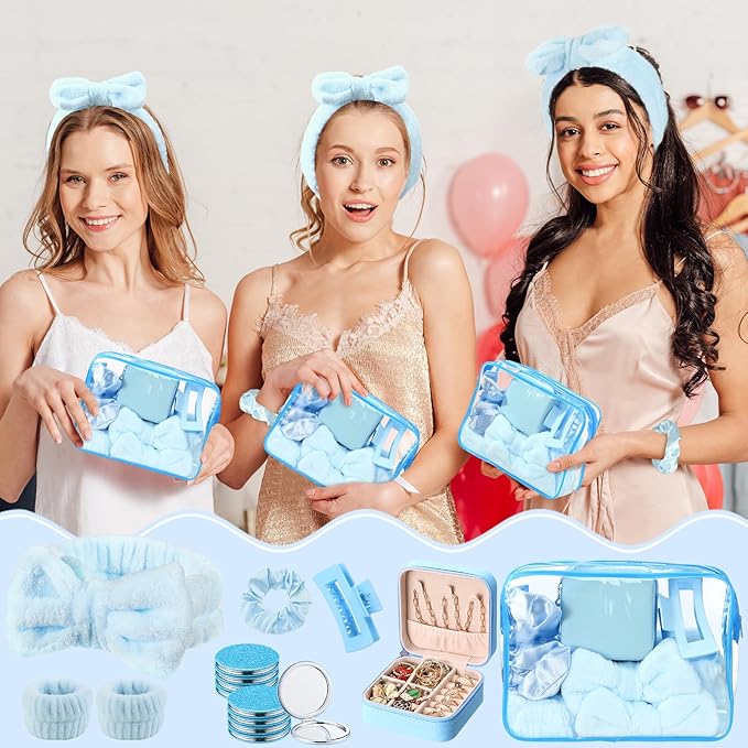 Spa Party Favors Pink Sleepover Party Supplies Bow Headband Wristband Scrunchies Hair Clip Jewelry Case Makeup Bag Mirror for Women Bridesmaid Return Gifts(Blue,48 Pcs)