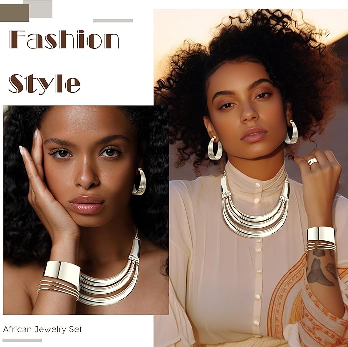 JOERICA Bib Choker Necklace Silver Gold Jewelry Set Wide Cuff Bangle Bracelet Open Hoop Earrings Adjustable Ring Chunky Silver Gold Statement Costume Jewelry Set for Women