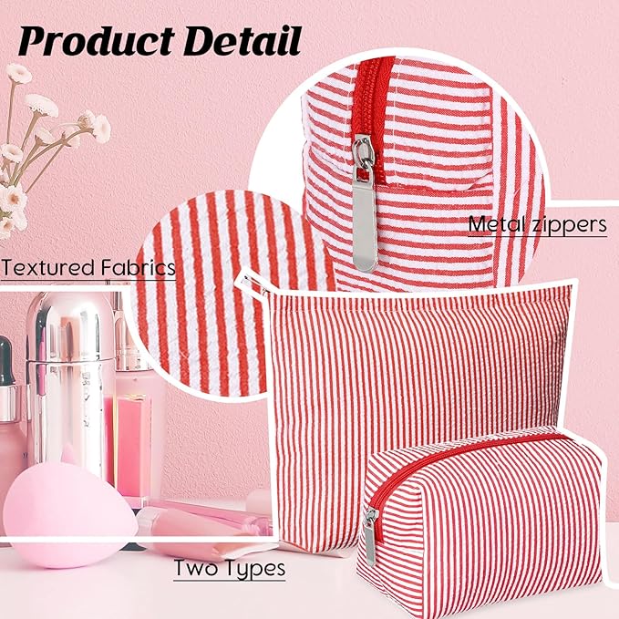 2 Pcs Makeup Bag Set Cute Cosmetic Pouch for Women Seersucker Travel Toiletry Bag Preppy Small Makeup Purse Pouch Aesthetic Skincare Brushes Storage Organizer for Christmas Women (Red)