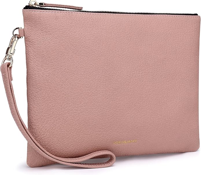 DORIS&JACKY Lambskin Leather Wristlet Clutch Purse for Women Soft Designer Slim Cell Phone Pouch Bag with Detachable Strap