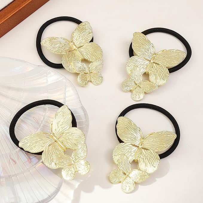 Gold Metal Hair Ties for Women - Cuffs, Accessories, Elastic Bands, Ponytail Cuff, Butterfly Ties for Thick and Thin Hair