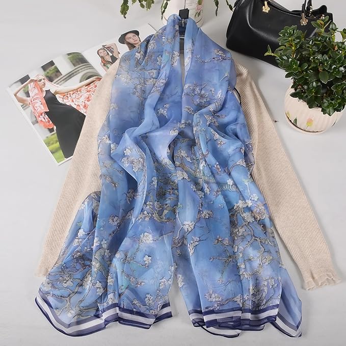 100% Mulberry Silk Women's Neck Silk Scarf-Lightweight Shawl,FLoral Print Beach Silk Wrap-Scarves for Photography