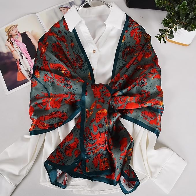100% Mulberry Silk Scarf for Women Neck Oblong Headscarves Long Floral Print Lightweight Silk Wraps Shawls 67"*20"