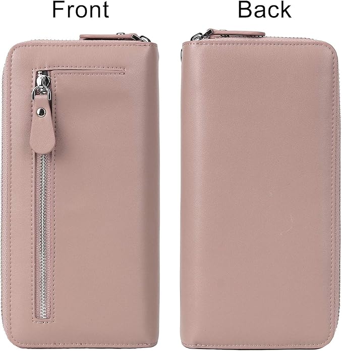 YALUXE Real Leather Zip Around Wallet RFID Blocking Wristlet Handbag Purse Clutch with Double Zipper Pockets