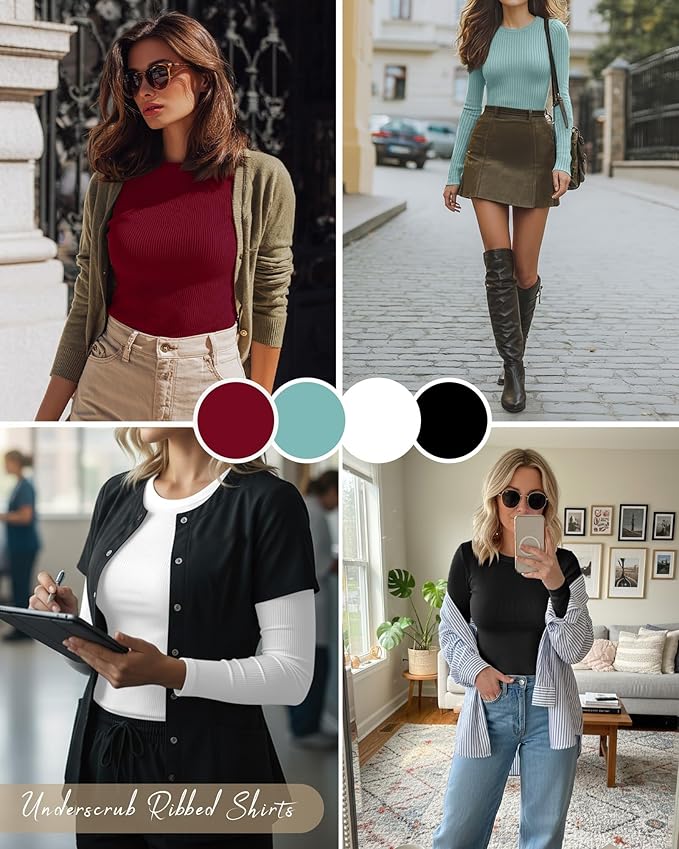 Neer 4 Pack Women's Ribbed Long Sleeve Shirts, Cotton Crew Neck Slim Fit Tops Stretch Knit Casual Base Layer Basic Tee Shirts