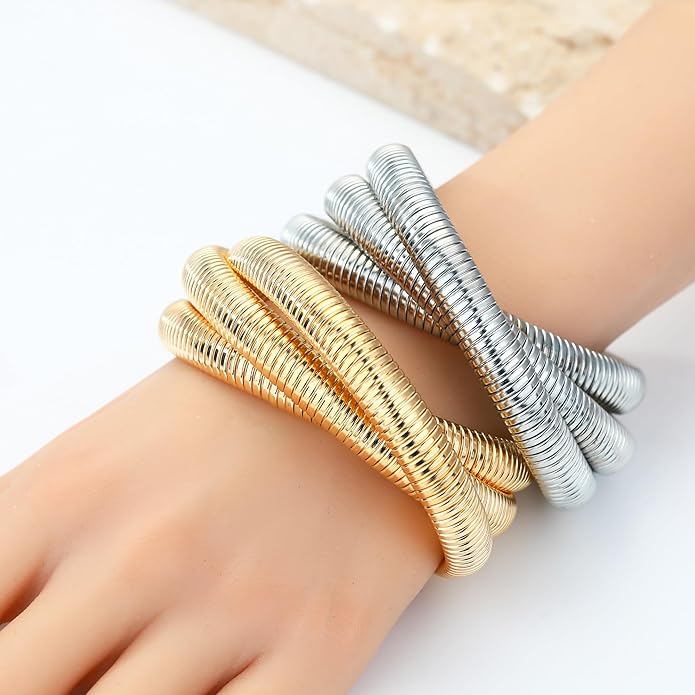 MISS RIGHT Gold Chunky Stretch Snake Chain Bangle Bracelets Stack for Women Trendy, 18K Gold Filled Stainless Steel Stretchy Womens Stackable Wristband Bangles Bracelet Set