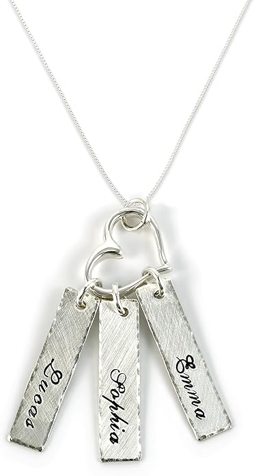 AJ's Collection Triple Bar Sterling Silver Personalized Necklace with Heart Charm. Includes 3 Customizable Charms and your Choice of Sterling Silver Chain. Gifts for Her, Mom, Wife