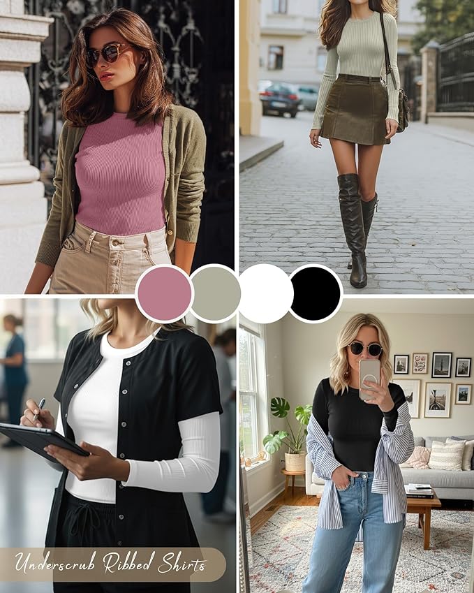 Neer 4 Pack Women's Ribbed Long Sleeve Shirts, Cotton Crew Neck Slim Fit Tops Stretch Knit Casual Base Layer Basic Tee Shirts