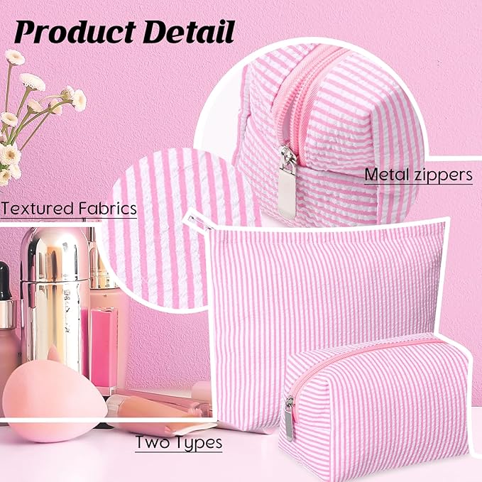 2 Pieces Makeup Bag Set Cute Cosmetic Pouch for Women Seersucker Travel Toiletry Bag Preppy Small Makeup Purse Pouch Aesthetic Skincare Brushes Storage Organizer for Christmas Women(Pink)