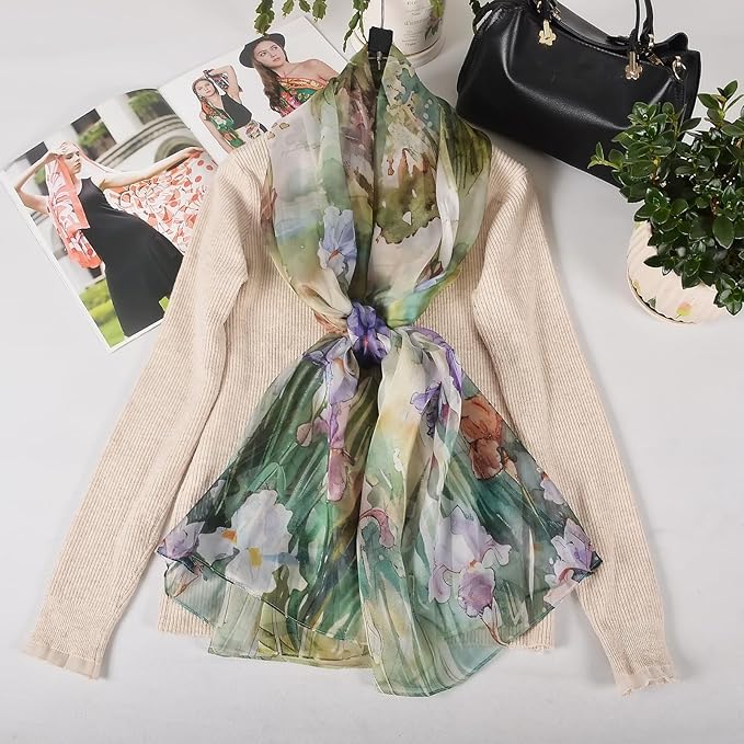 100% Mulberry Silk Women's Neck Silk Scarf-Lightweight Shawl,FLoral Print Beach Silk Wrap-Scarves for Photography