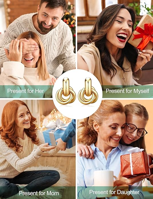 ORAZIO Chunky Gold Plated Knot Earrings for Womens Trendy 925 Silver Statement Lightweight Dangle Drop Hypoallergenic Large Geometric Stud Earring Jewelry for Women