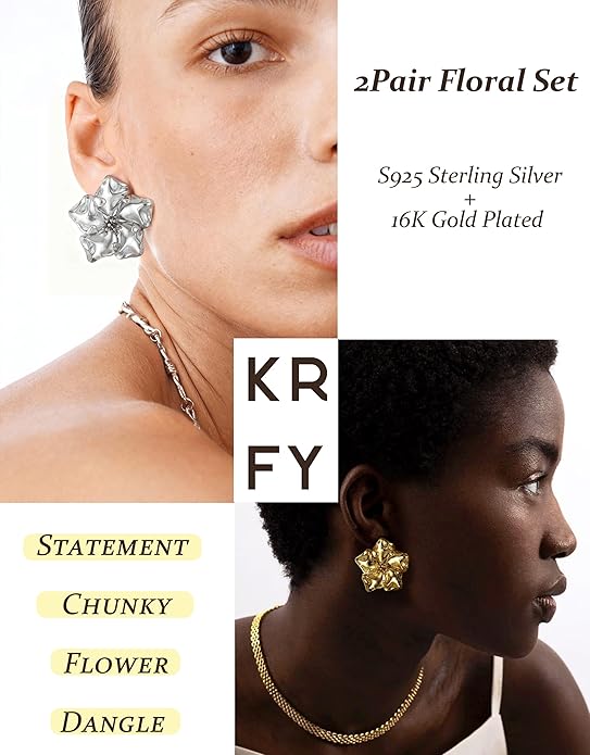 KRFY Statement Earrings 2 Pairs, S925 Sterling Silver Post 16K Plated Chunky Gold Earrings For Women Trendy, Hypoallergenic Big Flower Leaf Stud Earring Set, Silver Color Large Dangle Earrings Jewelry
