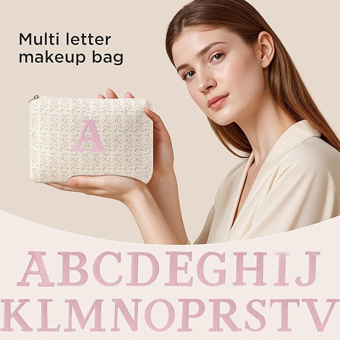 HBselect Initial Quilted Makeup Bag, Pink Cosmetic Travel Toiletry Bag, Flowers Coquette Zipper Make Up Pouch Organizer Teen Girl Gift Trendy Stuff A