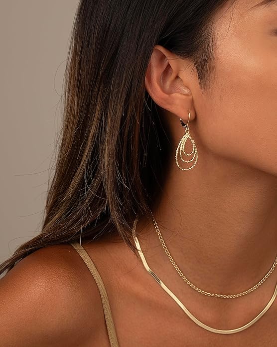Gold Dangle Earrings for Women, 14K Gold Plated Lightweight Hypoallergenic Teardrop Drop Earrings, Trendy Leverback Minimalist Jewelry for Sensitive Ears Vacation Wear, 7-Styles