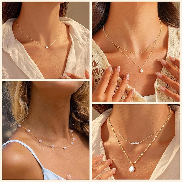 Yoosteel Pearl Necklace for Women - 14K Gold Plated Pearl Pendant Necklaces Minimalist Women Pearls Layered Necklace Dainty Trendy Bridal Bridesmaid Wedding Gifts for Her