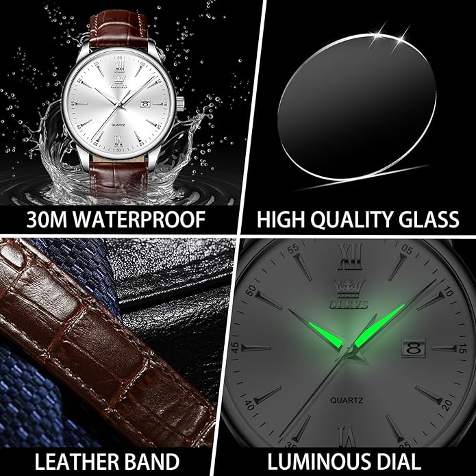 OLEVS Men Leather Watch,Mens Wrist Watches,Big Face Watches for Men,Leather Band Watches for Men,Day Date Watches for Men,Waterproof Watches for Men,Men Classic Watch,Reloj para Hombres
