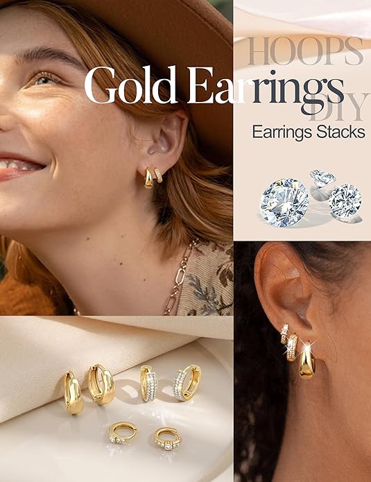 LOLIAS Small 14K Gold Plated Chunky Hoop Earrings for Women Hypoallergenic Silver Earrings Set for Sensitive Ears Non Tarnish Huggie Hoops Earring Stacks for Multiple Piercing Jewelry Lightweight 3Pairs