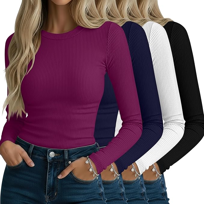 Neer 4 Pack Women's Ribbed Long Sleeve Shirts, Cotton Crew Neck Slim Fit Tops Stretch Knit Casual Base Layer Basic Tee Shirts