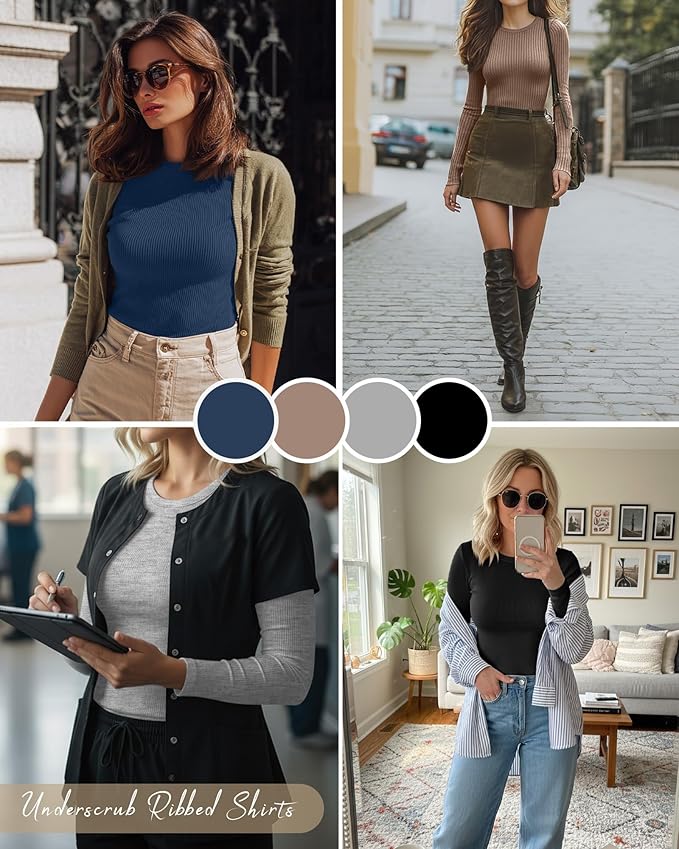 Neer 4 Pack Women's Ribbed Long Sleeve Shirts, Cotton Crew Neck Slim Fit Tops Stretch Knit Casual Base Layer Basic Tee Shirts