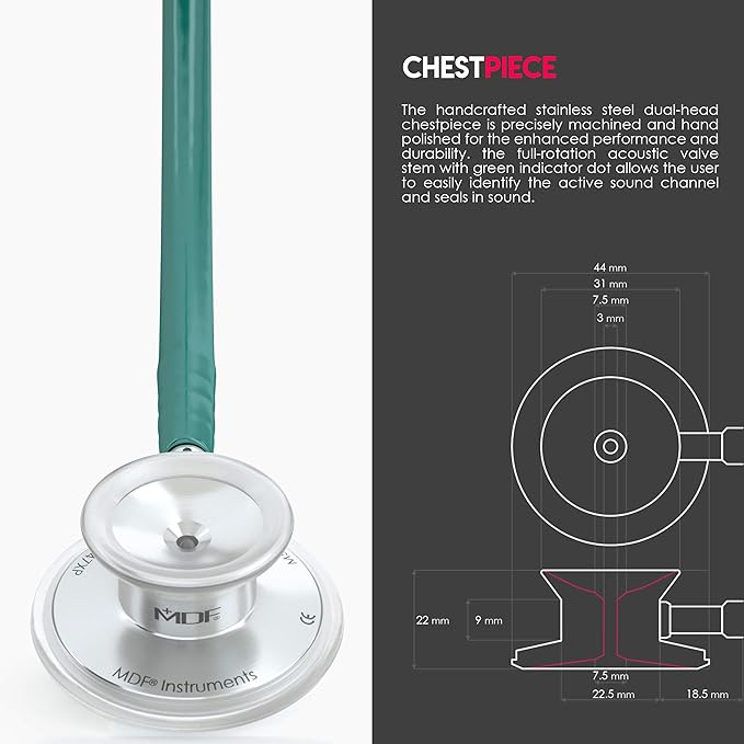 MDF Instruments, Acoustica Lightweight Stethoscope for Doctors, Nurses, Students, Home Health Use, Adult, Dual Head, Dark Green Tube, Silver Chestpiece-Headset, MDF747XP09