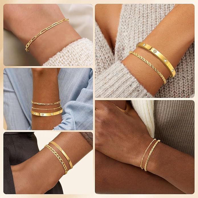 Gold Bracelets for Women Non Tarnish, Dainty 18K Gold Plated Bracelets Stack Trendy Waterproof Stackable Bangles, Cuban Link Paperclip Chain Jewelry Set Fashion Accessories Gifts for Women